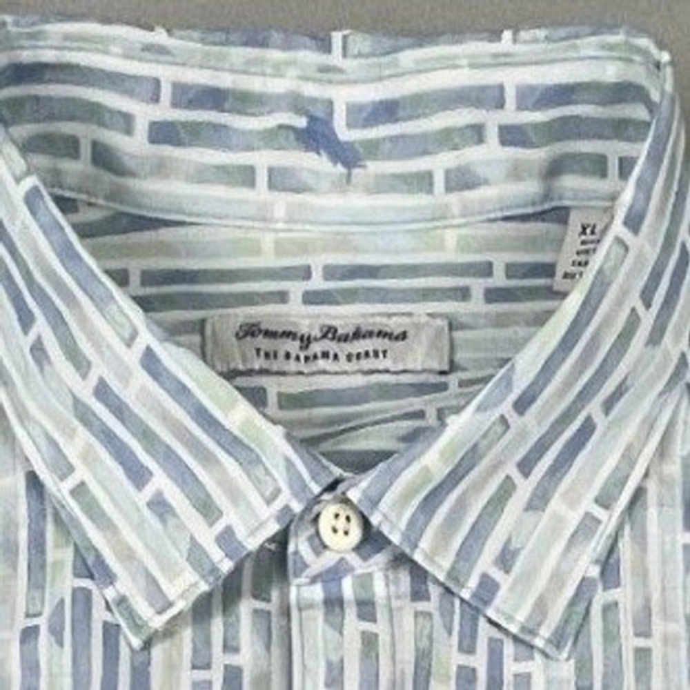 Tommy Bahama Shirt Mens XL Blue IslandZone Short Slv Geometric Stretch Coastal - Picture 2 of 8